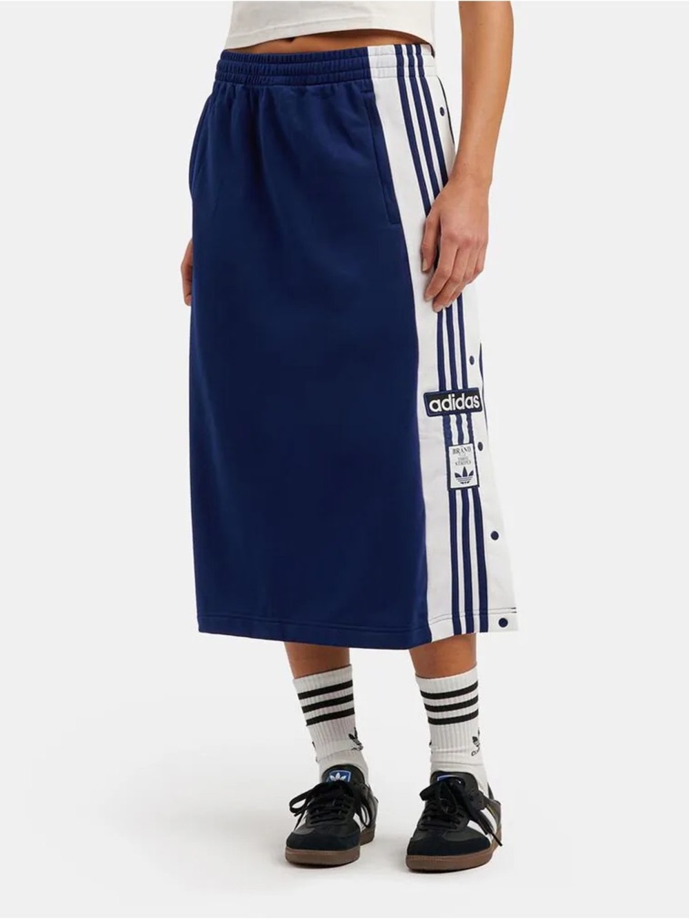adidas Navy and White Snap-Detail Midi Skirt